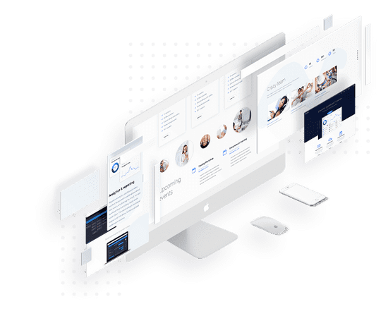 Diagram of a web application showing responsive sizes across desktop, tablet and mobile.